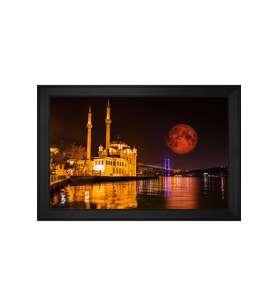 Ortaköy Camii ve Gece Motifli Kanvas Tablo 80 x 110 cm Siyah Çerçeve