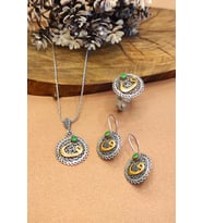 Vav Harfli Motifli Oksitli Gümüş Set Kadın Kolye Küpe Yüzük 925 Ayar AKS-2006