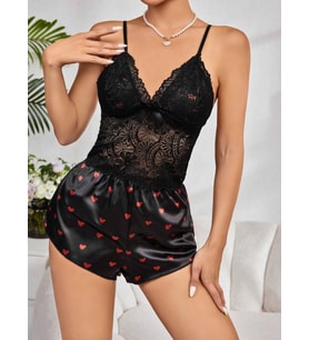 Kadın Siyah Kırmızı Kalp Desenli Saten Şort Pijama Takımı 2232