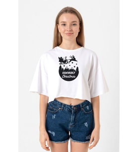 Merry Christmas Sleigh Beyaz Kadın Crop Tshirt