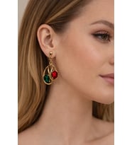 Gold Kaplama Kırmızı & Yeşil Taşlı Sallantılı Küpe