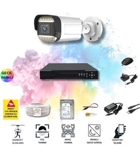 Qromax 1 Kameralı Set - Yapay Zeka Özellikli Gece Renkli Gösteren 5MP SONY Lensli 12 Warm Ledli FULLHD Güvenlik Kamerası Seti 312W-104