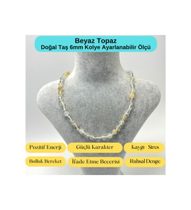 SERTİFİKALI Beyaz Topaz Doğal Taş 6mm Makrome Kolye 45cm- 55cm Ayarlanabilir Ölçü
