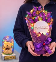 Renkli Led Işıklı Aynalı Mor Kelebek Buketi (Kişiye Özel Renkli Işıklı Fanus Hediyeli) (Model 4)