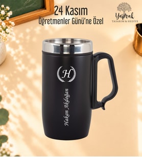 Öğretmenler Günü Hediyesi Kişiye Özel Harf Ve İsim Basklı Kulplu Çelik Siyah Termos Bardak 280 ml
