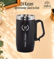 Öğretmenler Günü Hediyesi Kişiye Özel Harf Ve İsim Basklı Kulplu Çelik Siyah Termos Bardak 280 ml
