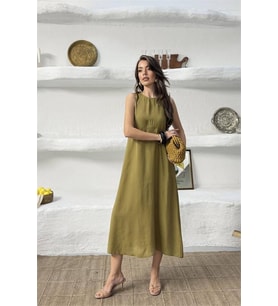 Neşeli butik kadın yeşil cep detaylı kolsuz oversize yazlık elbise NBNP038
