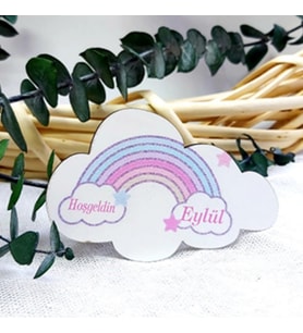 25 Adet Gökkuşağı Baskılı Bulut Ahşap Magnet Hediyelik Bebek Şekeri-