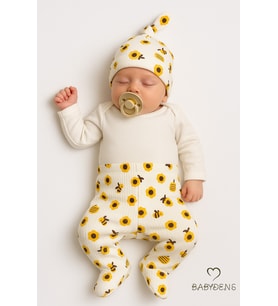 BABYDEN'S Arı ve Çiçek Desenli 3’lü Yenidoğan Set Uzun Kollu Çıtçıtlı Body,Patikli Pantolon, Bere %100 Pamuklu (Sarı-Ekru)