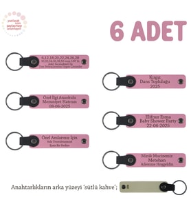 Pembe & S Kahve, Nikah Törenlerinde Dağıtılmak Üzere, 6'lı Set, İsim Yazılı Hatıra Deri Anahtarlık