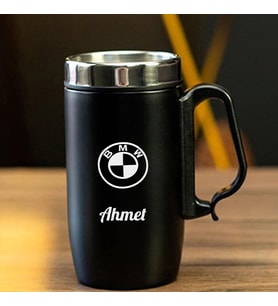 240 ML Kulplu Paslanmaz Çelik Araç Baskılı Termos Bardak - Isı Yalıtımlı Kahve Kupası (Siyah)