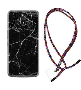 Xiaomi Redmi 8A 8 Pro 9C 9T 10C 11T Pro Kılıf Boyun Asklı Rasta Silikon Fragile Black Mermer 1378