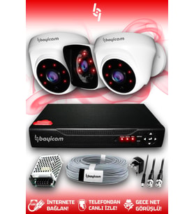 BAYICAM 3 Kameralı Kare 2 İç Kamera Set HDD'siz Full HD Gece Görüşlü Güvenlik Kamerası Sistemi