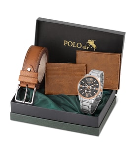Polo Air Erkek Kol Saati Cüzdan Kemer Kartlık Kombin PL-0853E (Kahverengi)