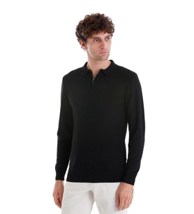 Siyah Regular Fit Jakarlı Polo Yaka Yünlü Triko Kazak