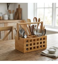 4 Bölmeli Saplı Doğal Bambu Çatal Bıçak Sepeti - Çok Amaçlı Masaüstü Organizer Mutfak Düzenleyici ve Kalemlik Standı (23x15 cm)