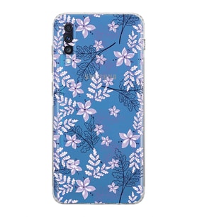 Samsung Galaxy A70  Kamera Korumalı  Kapak Floral Lila Tasarımlı  Şeffaf Kılıf