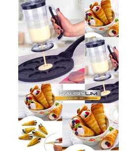 Hamur Porsiyonlayıcı 1 Lt Pancake Hamur Puding Dağıtıcı + 6'lı Lüx Çelik Korneo Kalıbı Milföy Kalıbı