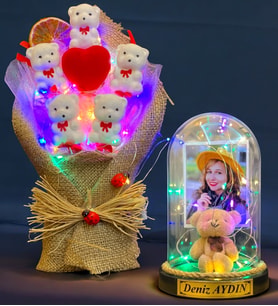 Size Özel Renkli Led Işıklı Fanus ve Renkli Led Işıklı Ayıcık Buketi Hediye Seti (Model 2)