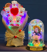 Size Özel Renkli Led Işıklı Fanus ve Renkli Led Işıklı Ayıcık Buketi Hediye Seti (Model 2)