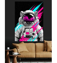 Renkli Neon Işıklı Astronot Figürü Dekoratif Kanvas - Mdf Ahşap Tablo