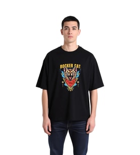 Erkek Oversize Müzik Baskılı Tişört Rocker Kedi Grafik Desen Rahat Kesim Günlük Giyim Modern Şık