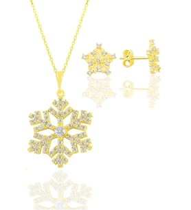 Gümüş  altın yaldızlı zirkon taşlı kar tanesi kolye ve küpe seti SGTL11414GOLD