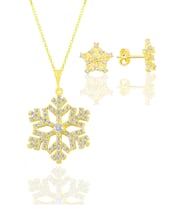 Gümüş  altın yaldızlı zirkon taşlı kar tanesi kolye ve küpe seti SGTL11414GOLD