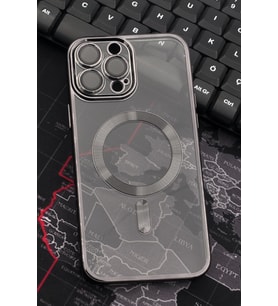 iPhone 14 Pro Max Uyumlu MagSafe Özellikli Siyah Renkli Kenarlı Lazerli Şeffaf Kılıf Lens Korumalı (Renksiz)