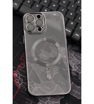 iPhone 14 Pro Max Uyumlu MagSafe Özellikli Siyah Renkli Kenarlı Lazerli Şeffaf Kılıf Lens Korumalı (Renksiz)