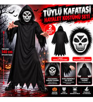 Tüylü Eva Kafatası Maskeli Siyah Hayalet Kostümü – 140 cm