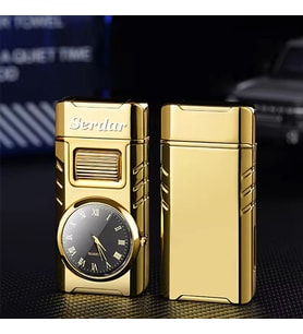 Kişiye Özel İsim Baskılı Metal Rüzgar Geçirmez Saatli Gazlı Tasarım Çakmak (Gold)