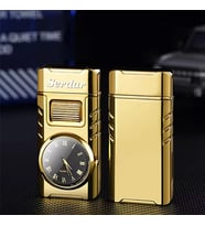 Kişiye Özel İsim Baskılı Metal Rüzgar Geçirmez Saatli Gazlı Tasarım Çakmak (Gold)