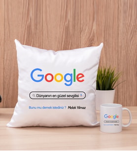 Kişiye Özel Google Tasarım Esprili Kare Yastık ve Beyaz Kupa