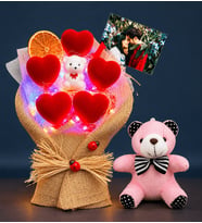 Kişiye Özel Fotoğraflı Led Işıklı Buket ve Pembe Peluş Ayıcık Anahtarlık – Sevgiliye Özel Hediye