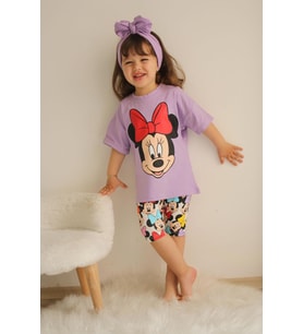 KIZ ÇOCUK MİCKEY MOUSE KAPRİ TAYTLI KISA KOL PAMUK TAKIM (Lila)