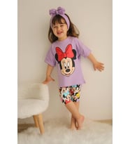 KIZ ÇOCUK MİCKEY MOUSE KAPRİ TAYTLI KISA KOL PAMUK TAKIM (Lila)