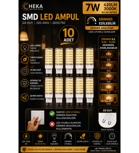 (10 Adet) Heka 7W Günışığı (3000K) G9 Duylu Dim Edilebilir LED Kapsül Ampul