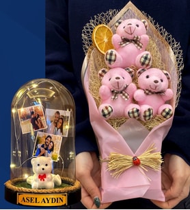 Kişiye Özel 3 Fotoğraflı İsimli Led Işıklı Fanus ve Büyük Boy Pembe Ayıcık Buketi (Model 3)