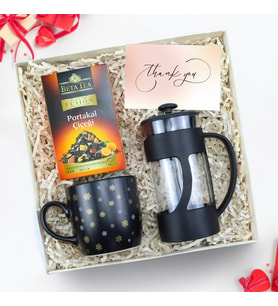 Siyah Kar Tanesi Kupa & Siyah French Press & Beta Tea Portakal Çiçeği Bitki Çayı Hediye Seti