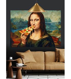 Pizza Yiyen Mona Lisa Dekoratif Kanvas - Mdf Ahşap Tablo