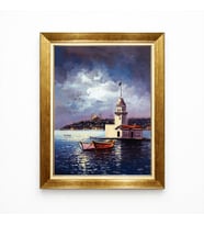 Tablore Altın Çerçeveli Gece Kız Kulesi Ve İstanbul Manzaralı Yağlı Boya Dokulu Kanvas Tablo