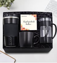 Kişiye Özel Siyah French Press & Kişiye Özel Termos & Siyah Kupa Hediye Seti