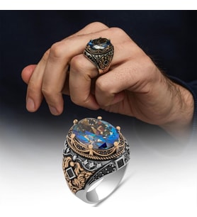 Oval Mistik Topaz Taşlı 925 Gümüş Erkek Yüzük