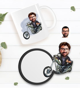 BK Gift Kişiye Özel Erkek Motorcu Karikatürlü Beyaz Kupa ve Ahşap Bardak Altlığı Hediye Seti-4