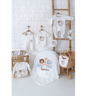 Pia Baby Premium %100 Pamuk 10 Parça İsme Özel Erkek Bebek Hediyesi Hastane Çıkışı Seti 5010-01 (Krem)