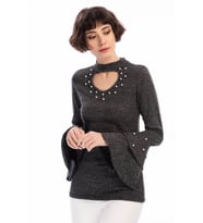 8490960 Yumoş Yakası Kolu İncili Volanlı Bluz SIYAH (Siyah)