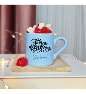 Happy Birthday Tasarımlı Kişiye Özel Mavi Türk Kahvesi Fincan