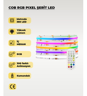 COB RGB Pixel Şerit Led - Animasyonlu - Sese Duyarlı - 5 Metre (Kumandalı) (Çok Renkli)