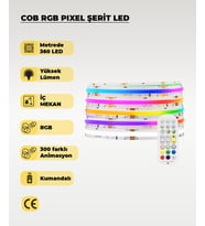 COB RGB Pixel Şerit Led - Animasyonlu - Sese Duyarlı - 5 Metre (Kumandalı) (Çok Renkli)